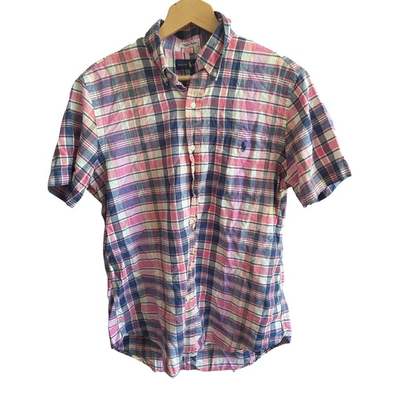 Ralph Lauren Madras Plaid Cotton Pink Blue Short Sleeve Button Down Shirt M - Picture 1 of 5